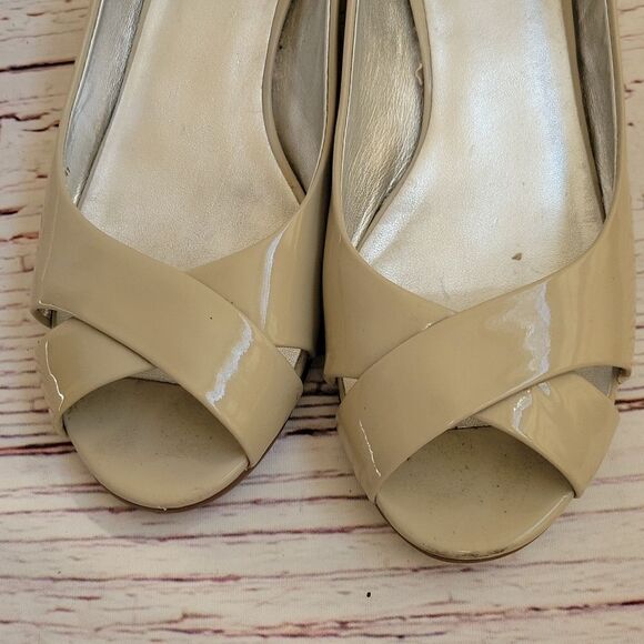 Cole Haan Taupe Patent Peep Toe Wedges Size 7 - Picture 7 of 8